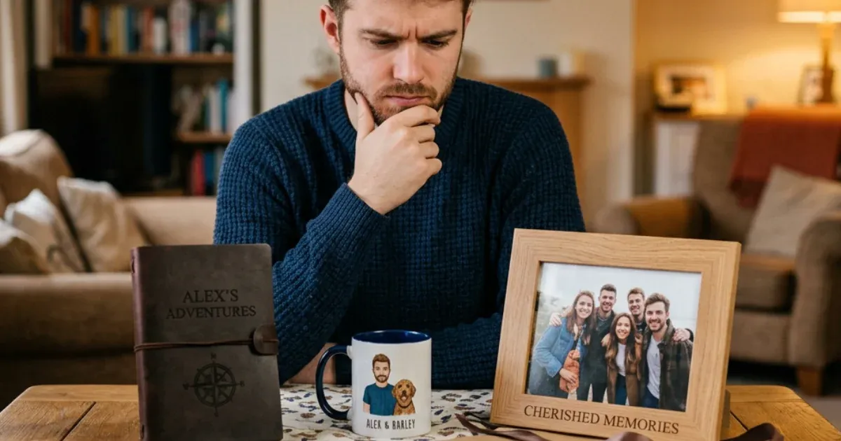 Un ragazzo è seduto ad un tavolo, di fronte a lui tre regali personalizzati. Lui li gurda dubbioso.