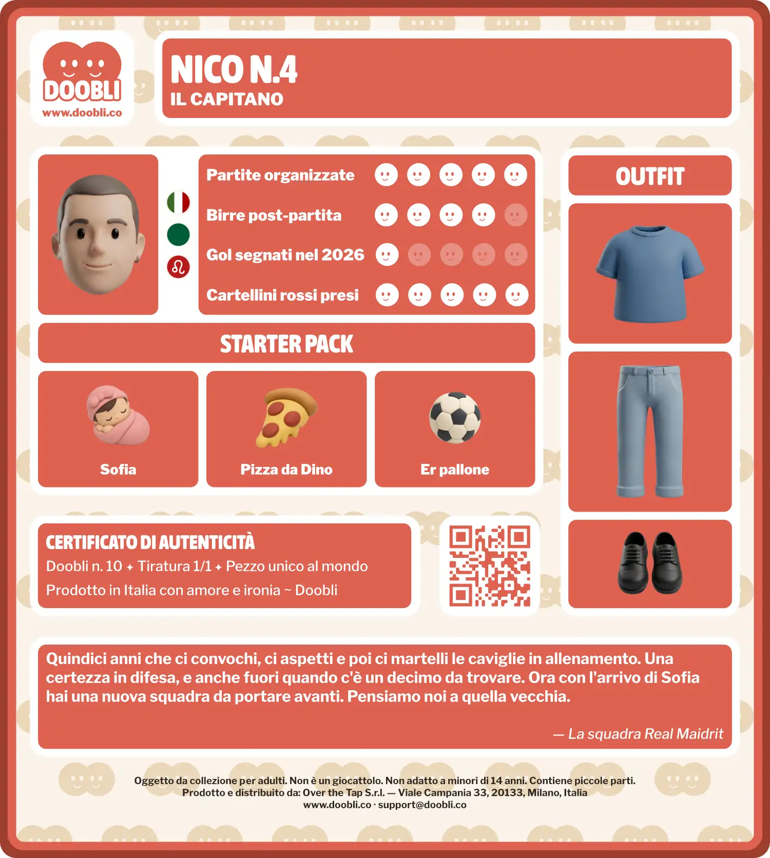 Retro della confezione Doobli di Jannik: statistiche, starter pack, outfit, certificato di autenticità e note di prodotto
