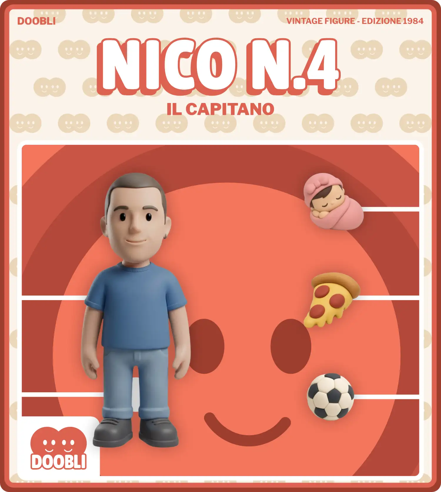 Fronte della confezione Doobli di Jannik: la figure personalizzata a sinistra e i tre oggetti a destra — racchetta da tennis, carota e sci